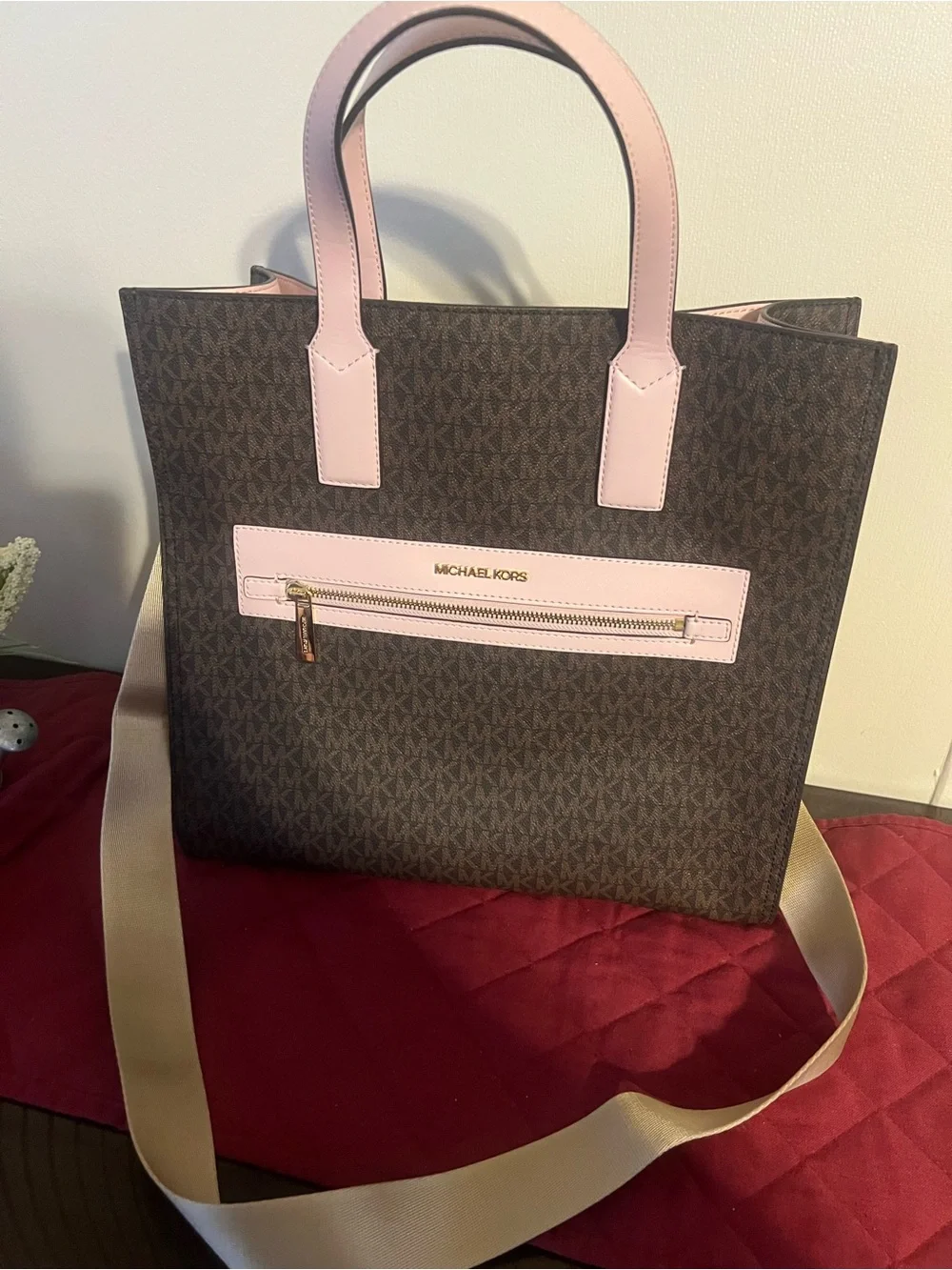 Michael Kors Brown MK Logo Tote with Pink Trim